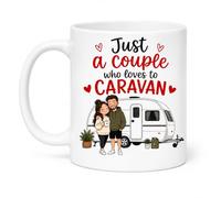 Personalised Just a Couple Who Loves to Caravan Mug, White Ceramic, Double Sided Design, Novelty Gift for Couples, Static or Touring Design Option, 11oz Ceramic Coffee Cup (Touring Caravan)