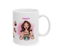 Personalised Just A Girl Who Loves Cake Lover Ceramic Coffee Mug with Pink Dessert Design, White, 11oz, Her, Miss, Mrs