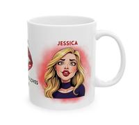 Personalised Just A Girl Who Loves Lip Filler Cartoon Portrait Coffee Mug, White Ceramic, 11 oz, Mrs, Miss, She, Woman