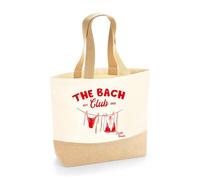 Personalised Jute base canvas tote Bag, The Bach Club South Beach With Bikini Illustrations, Custom Location & Est Year Tote Bag (Natural)