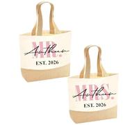 Personalised Jute base canvas tote Bag with Mr Mrs Name & Est. Year, Custom Name, Date, Customised Printed Canvas Bag
