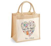 Personalised Jute & Cotton Teacher Tote With Name - Teach Love Inspire Design - Teaching Assistant Present, Thank You Gift, Lunch & Book Bag