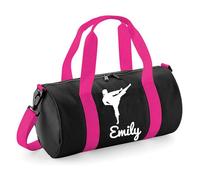 Personalised Karate Kick Barrel Bag Sports Holdall for Boys & Girls, 12L Durable Gym Bag Training Kit Bag, 20x20x40cm Stylish Sports Equipment Storage - Black/Hot Pink