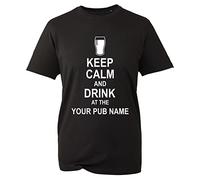 Personalised Keep Calm and Drink at The Pub Name T-Shirt, Add Pub Name Beer Wine Party Funny Unisex Kids Adults Top (Black, 2XL)