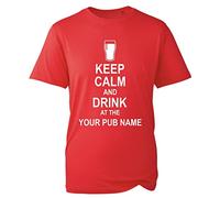 Personalised Keep Calm and Drink at The Pub Name T-Shirt, Add Pub Name Beer Wine Party Funny Unisex Kids Adults Top (Red, M)