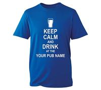 Personalised Keep Calm and Drink at The Pub Name T-Shirt, Add Pub Name Beer Wine Party Funny Unisex Kids Adults Top (Royal Blue, L)