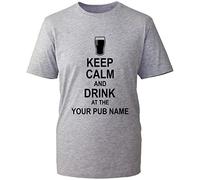 Personalised Keep Calm and Drink at The Pub Name T-Shirt, Add Pub Name Beer Wine Party Funny Unisex Kids Adults Top (Heather Grey, M)