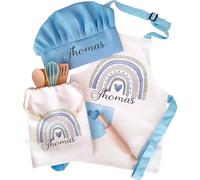 Personalised Kids Apron Bespoke Custom Name Blue Rainbow Bridge Theme Linen Aprons Chef's Hat Boy Baking Set Print Cooking Kitchen Pinafore Chef Special Christmas Keepsake Children Gift Idea