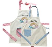 Personalised Kids Apron & Chef Hat Set | Custom Name Linen Baking Set for Children | Blue Boho Rainbow Print Pinafore | Cooking Gift for Birthdays, Christmas & Easter
