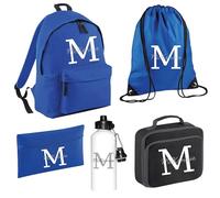 Personalised Kids Back To School Kit with Custom Initial and Name Backpack, PE Bag, Lunch Bag, Pencil Case and Aluminium Water Bottle, School Starter Set for Primary High Preschool - Blue Large