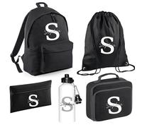 Personalised Kids Back To School Kit with Custom Initial and Name Backpack, PE Bag, Lunch Bag, Pencil Case and Aluminium Water Bottle, School Starter Set for Primary High Preschool - Black Large