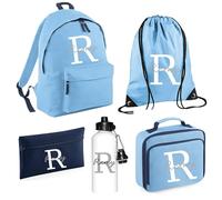Personalised Kids Back To School Kit with Custom Initial and Name Backpack, PE Bag, Lunch Bag, Pencil Case and Aluminium Water Bottle, School Starter Set for Primary High Preschool - Sky Blue Large