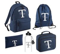 Personalised Kids Back To School Kit with Custom Initial and Name Backpack, PE Bag, Lunch Bag, Pencil Case and Aluminium Water Bottle, School Starter Set for Primary High Preschool - Navy Small