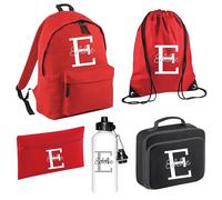 Personalised Kids Back To School Kit with Custom Initial and Name Backpack, PE Bag, Lunch Bag, Pencil Case and Aluminium Water Bottle, School Starter Set for Primary High Preschool - Red Large
