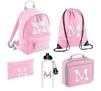 Personalised Kids Back To School Kit with Custom Initial and Name Backpack, PE Bag, Lunch Bag, Pencil Case and Aluminium Water Bottle, School Starter Set for Primary High Preschool - Pink Small
