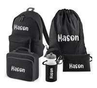 Personalised Kids Backpack 5 Piece Set for School Kit with Custom Name & Initial Rucksack Lunch Bag, PE Bag, Pencil Case & Water Bottle Ideal for Children, Girls And Boys Starting Primary School