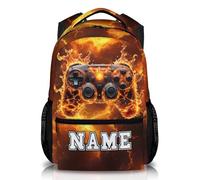 Personalised Kids Backpack with Name - Game Controller Design - 17 Inch School Rucksack for Boys - Custom Bag with Orange Lightning Background