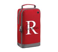 Personalised Kids Boot Bag - Custom Name Sports Shoe Bag for Football, Rugby, Cricket, PE & School - Gift for Boys & Girls (White Initial + Name, Red)