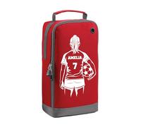 Personalised Kids Boot Bag - Custom Name Sports Shoe Bag for Football, Rugby, Cricket, PE & School - Gift for Boys & Girls (Girl Shirt + Number, Red)