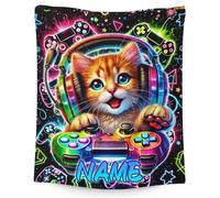 Personalised Kids Cat Blanket - Custom Name Fleece Throw with Gaming Cat Design, Soft Flannel Blanket Gift for Boys, Cool Animal Bedroom Decor