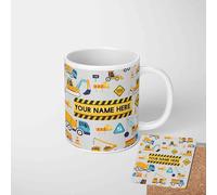 Personalised Kids Construction Mug Custom Name Cup Digger Truck Builder Design Gift for Boys Coffee Tea Mug or Magic Heat Cup Custom Background Colour