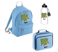Personalised Kids Dino Back To School Kit with Dinosaur Initial and Name Rucksack, Lunch Bag, and Aluminium Water Bottle, Nursery Preschool Starter Set for Reception Primary School - Sky Blue Small