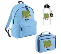 Personalised Kids Dino Back To School Kit with Dinosaur Initial and Name Rucksack, Lunch Bag, and Aluminium Water Bottle, Nursery Preschool Starter Set for Reception Primary School - Sky Blue Large
