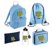 Personalised Kids Dino Back To School Kit with Dinosaur Initial and Name Rucksack, PE Bag, Lunch Bag, Pencil Case and Water Bottle, Nursery Preschool Starter Set for Reception Primary - Sky Blue Small
