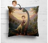 Personalised Kids Dinosaur Cushion Upload Your Face Funny Custom Photo Pillow Choose from 2 Dinosaur Designs Sofa Bed Chair Cushion Cover or Filled Multiple Sizes