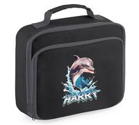 Personalised Kids Dolphin Lunch Bag Boys Girls Custom Name Lunchbox for Back to School or Nursery New Term Infant Gift, 24cm x 20cm x 8cm, Black