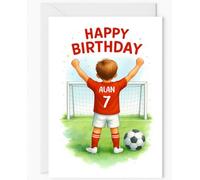 Personalised Kids Football Birthday Card - Red Kit - Custom Name & Shirt Number - Boys Greeting Card - Choose Your Child’s Name & Age - Unique Personal Card for Young Football Fans