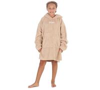 Personalised Kids Girls Plain Coral Fleece Oversized Blanket Hoodie Baggy Lounge Sweatshirt Front Centre White Thread Beige One Size