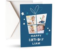 Personalised Kids' Photo Greetings Card - Custom Text & 4 Photos | Children's Birthday & Special Occasion Cards | Boys & Girls Christening & Baby Birthday Cards (Blue)