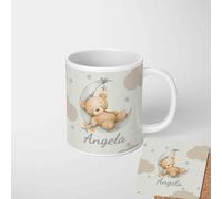 Personalised Kids Teddy Moon Name Mug Custom Baby Cup Add Any Name Cute Bear on Moon 11oz with Optional Coaster or Magic Heat Changing Mug Gift