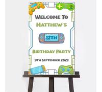 Personalised Kids Wooden Birthday Party Welcome Board - 14 Fun Designs 50cm x 30cm (Gaming, Dinosaur, Football, Rainbow, Unicorn, Space, Car, Tractor & More!) (Gaming)