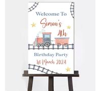Personalised Kids Wooden Birthday Party Welcome Board - 14 Fun Designs 50cm x 30cm (Gaming, Dinosaur, Football, Rainbow, Unicorn, Space, Car, Tractor & More!) (Train)