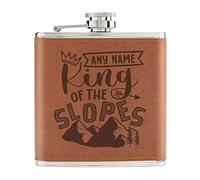 Personalised King of The Slopes 6oz PU Leather Hip Flask Tan