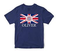 Personalised Kings Coronation Union Jack Flag 2023 Emblem Kids T Shirt Boys Girls Charles Top British Tee, 2-3 Years, Navy