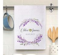 Personalised Kitchen Tea Towel with Name & Date, Custom Waffle Weave Dish Cloth Wedding Gift, Eucalyptus Greenery Floral Green Bridal Shower Decor, Absorbent, Housewarming Gift for Couples (Lavender)