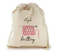 Personalised Knitting Bag/Gift Bag/Storage Bag with Pink Knit Wool Knitting Bag Design Print, Reusable, Drawstring Sack Customised with Name/Initials/Text, Sizes: XXS, XS, S, M, L, XL
