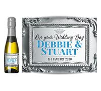 Personalised Label for Mini Champagne or Mini Wine Bottles - Anniversary, Wedding, Engagement, Hen Party, Birthday, Congratulations or Any Occasion You Like (Silver/Blue)