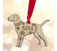 Personalised Labrador Dog Christmas Tree Bauble Decoration, Wearing a Dog Jumper Design with Snowflakes, Customised Puppy Hanging Ornament, Oak Veneer Wood with Red Ribbon