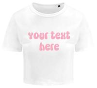 Personalised Ladies Cropped Printed T-Shirt Pink Retro Custom Design Your Text Funny Slogan Cute Y2K Baby Tee (UK, Numeric, 14, Regular, Regular, White)