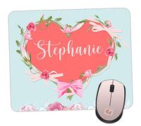 Personalised Ladies Mouse Mat - Heart Floral Flowers Design - Add Name - Pink and Rose Non-Slip Rubber Base Pad for PC Laptop Computer Gaming Mousepad Office Womans Gift Home Room