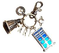 Personalised, Large, 3D Dalek & Police Phone Box Keychain, With Planet, Clock & Initials, Whovian Time Traveller Keyring