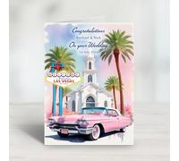 Personalised Las Vegas Wedding Congratulations Card - Retro Vegas Chapel Wedding Card with Classic Pink cadillac Car. Suitable for weddings or anniversaries and perfect for those who have eloped!