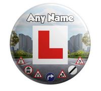 Personalised Learner Driver Badge, L-Plate Design, Road Signs, 17th Birthday Gift, 7.5 cm Round Pin