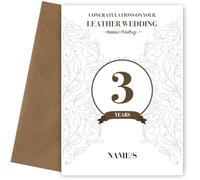 Personalised Leather 3rd Anniversary Card for Couples Wife or Husband, 3rd Wedding Anniversary, Design 1