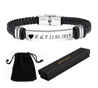 Personalised Leather Bracelets for Men | Silver Mens Bracelets with Gift Box and Velvet Pouch - Customised Gifts for Husband, Boyfriend, Brother, Dad