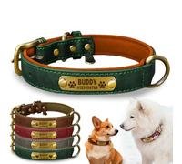 Personalised Leather Dog Collar, Adjustable Soft Padded Dog Collar with Custom Engraved Name Plate, Anti-Loss Dogs Collars, 5 Sizes for Small, Medium, Large Dogs (Green)